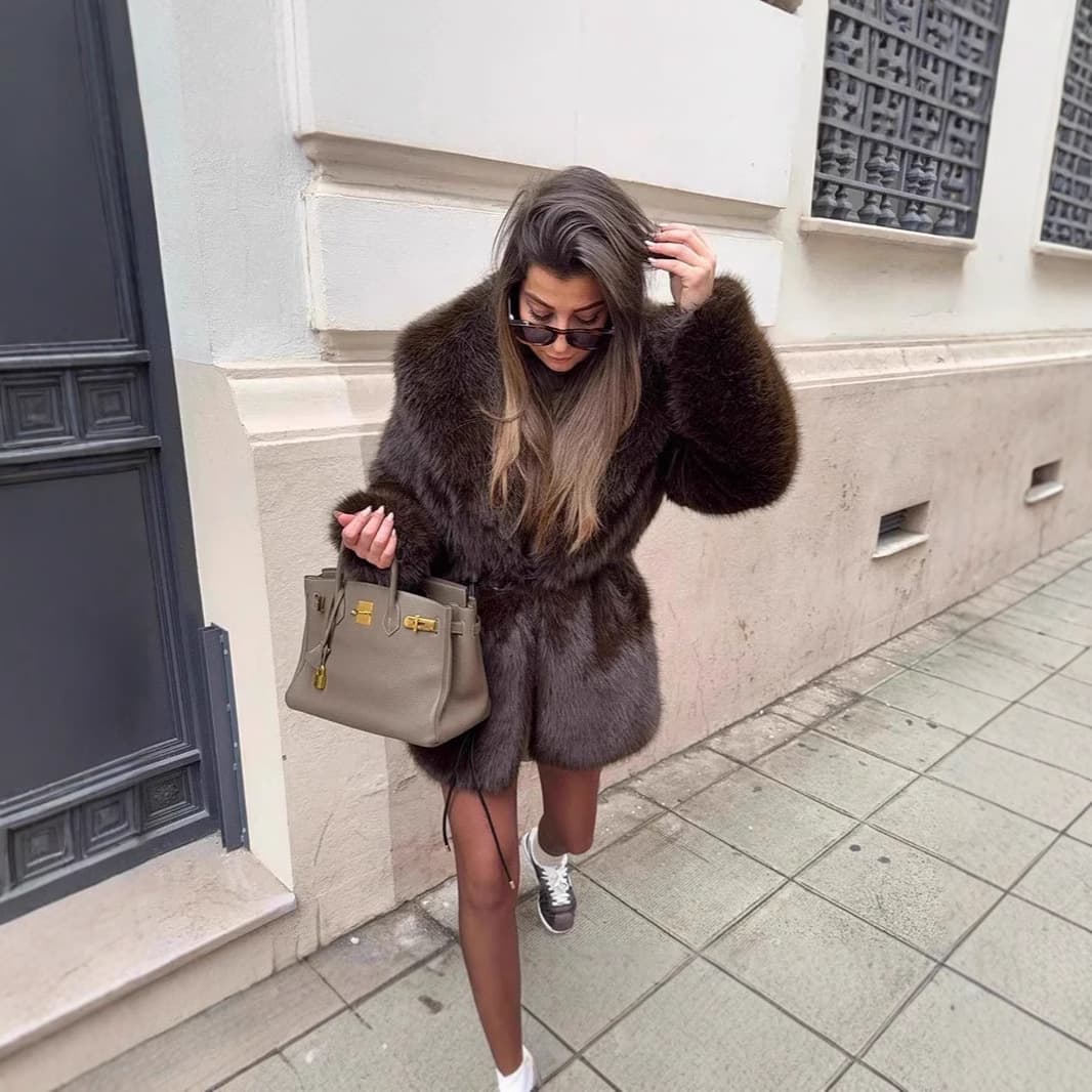 Amazon European and American Cross-Border Autumn and Winter Faux Fur Coat for Women, Mid-Length Fox Fur Faux Fur Belt Ins Coat