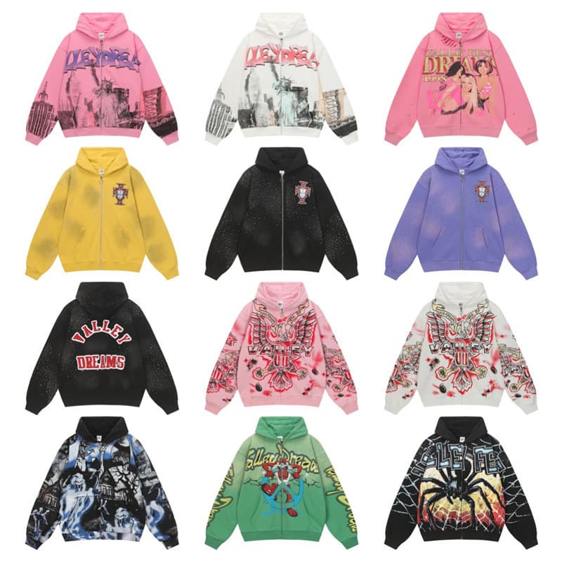 Cross-border European and American trendy brand Va&le geometric letter pattern cardigan hoodie sweatshirt unisex high-street washed jacket