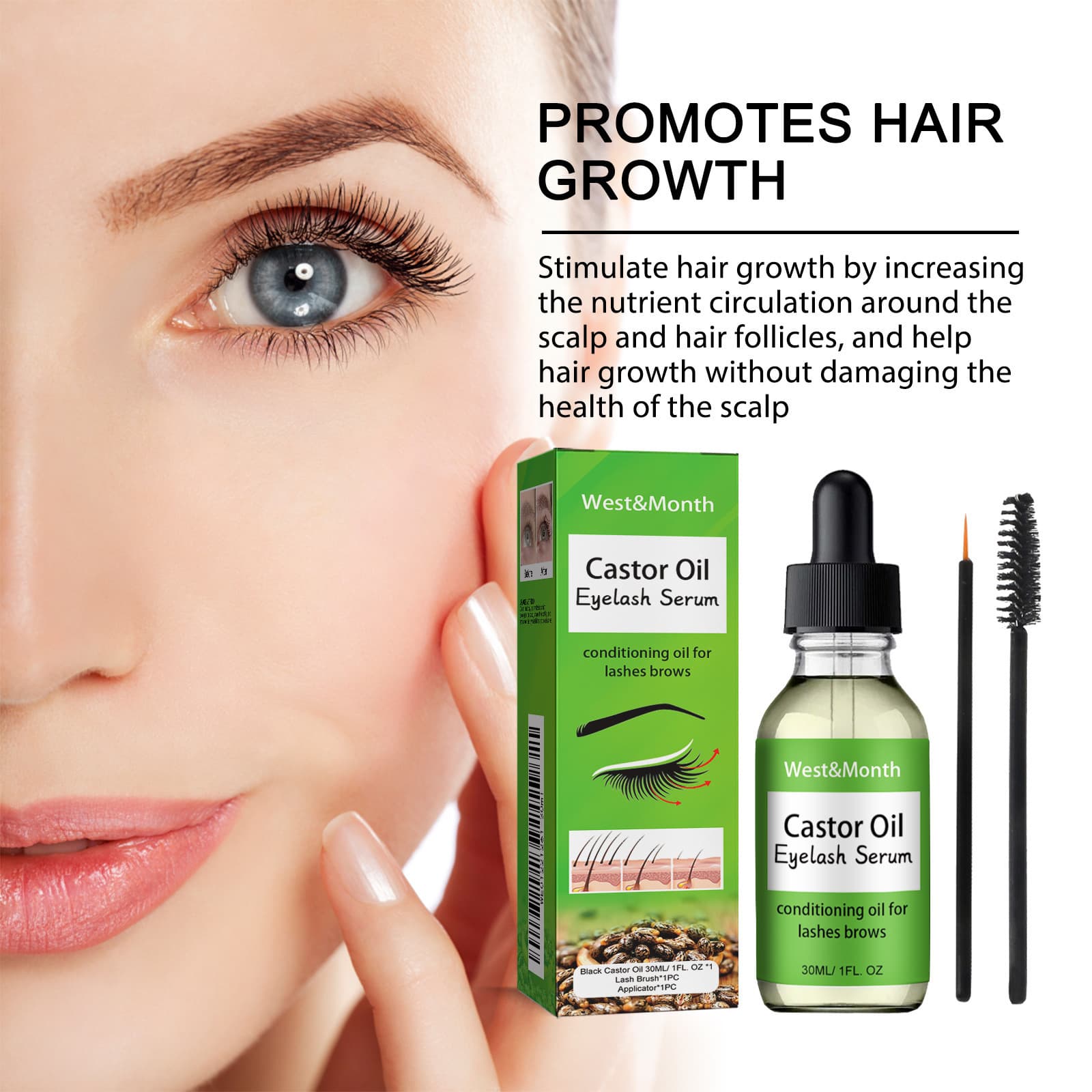 WEST MONTH Castor Oil Eyelash Care Serum, Soft Setting, Natural Slender Ink Black Radiant Serum