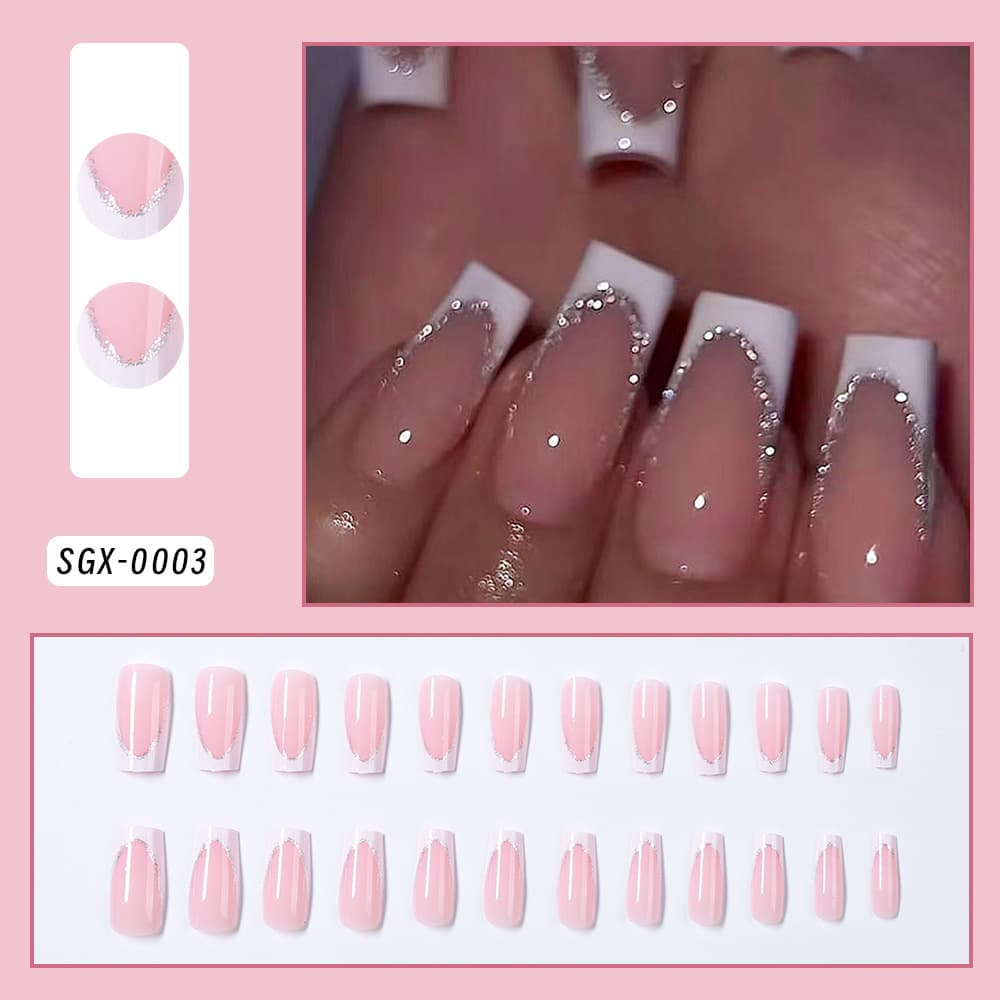Cross-border 24-piece Wearable Nails European and American French Style Glitter Medium Almond Nail Tips Press-On Nails Wholesale
