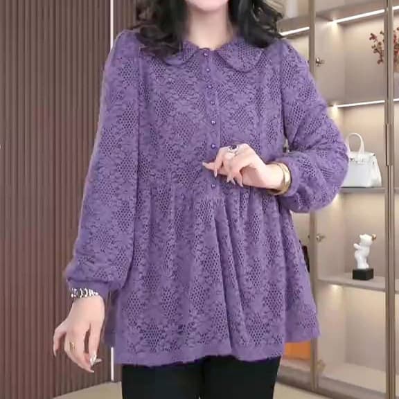 2025 Autumn and Winter High-End European Light Luxury Lace A-Line Concealing Belly Long-Sleeve Versatile Elegant Blouse, Plus-Size Women's Clothing