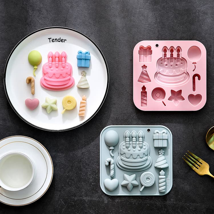 In Stock: 9-Cavity Birthday Cake Themed Silicone Mold Baking Tool Chocolate Mold Resin Cake Mold