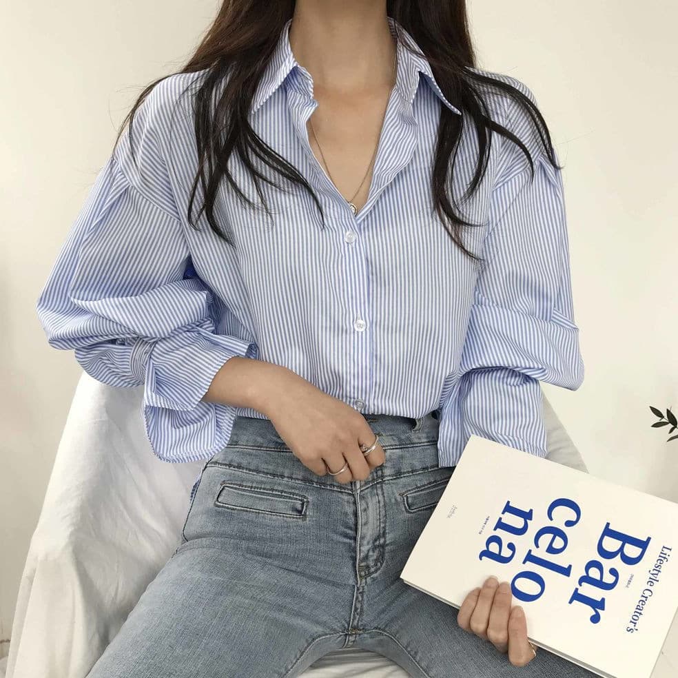 Korean Chic Striped Blouse for Women with Lantern Long Sleeves, Early Spring and Autumn Stylish Top, Unique Design, Vintage and Elegant