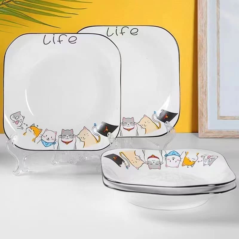 Cute Meow Square Plate Household Ceramic Dinner Plate Vegetable Plate Breakfast Plate Square Plate Fruit Dessert Plate Deep Plate Microwave Safe