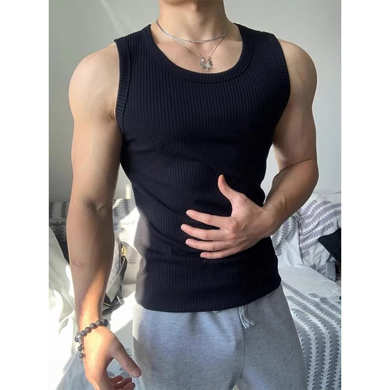 White Thick Ribbed Muscle Showcasing Men's Vest Summer Slim Fit Sleeveless American Fitness Sport T-Shirt Style Casual Wear