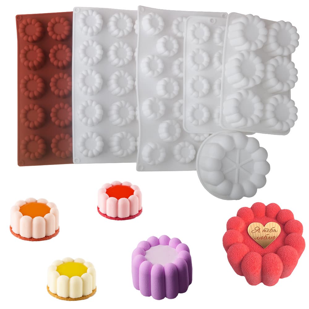 Black Assorted Concave Silicone Mousse Cake Molds: Square, Triangle, Heart, Star, and Flower Shapes for French Desserts