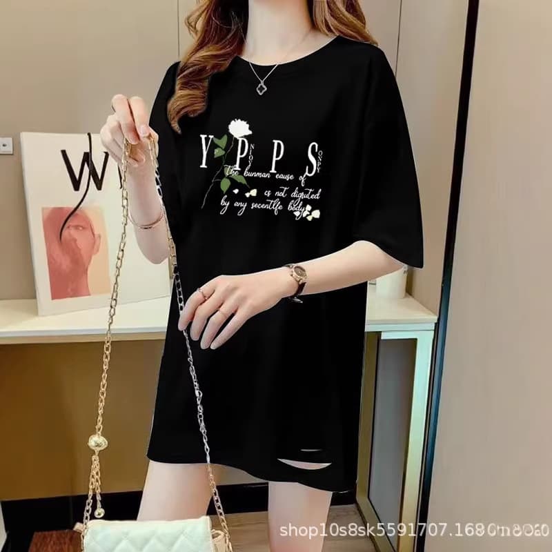 Round Neck Black T-Shirt Women's Mid-Length Base Layer 2026 New European Fashion Oversized Tee Ripped Versatile Trendy T