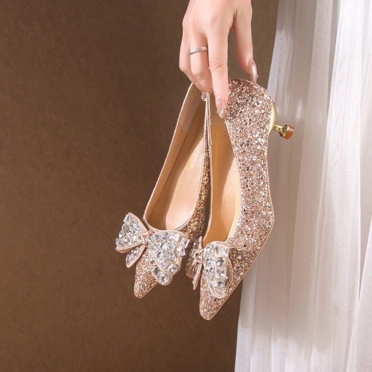 Wedding Shoes Autumn New Gold Rhinestone Bow Bride Shoes Crystal High Heels Elegant Stiletto Heels