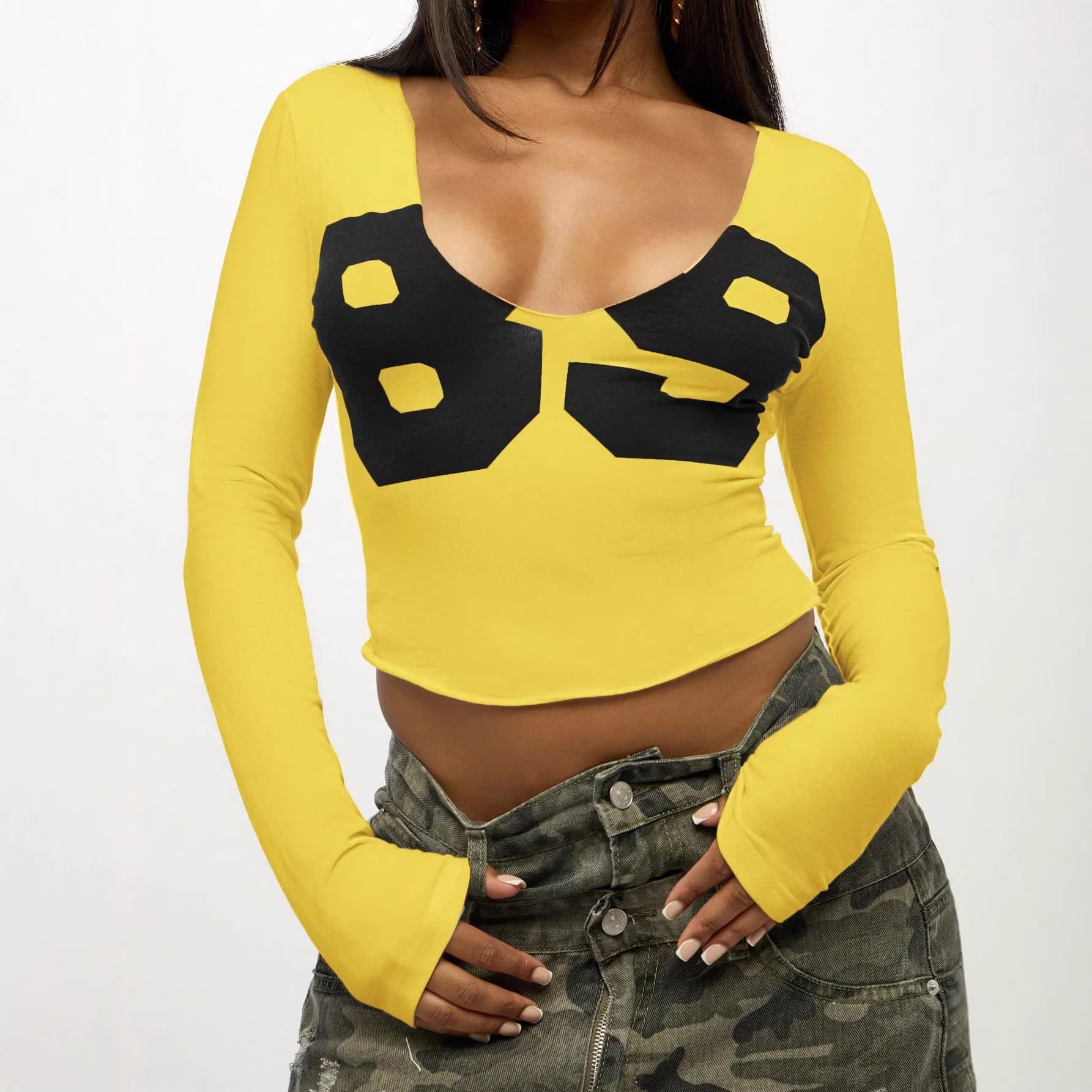 2026 Europe and America Spring/Summer Cross-border New Women's Sexy Letter Print U-Neck Slim Crop Long-Sleeve T-Shirt