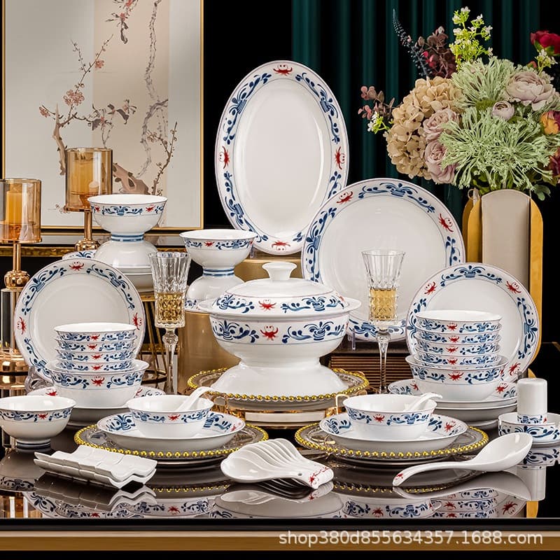 Jingdezhen high temperature underglaze blue and white porcelain dishes set household white porcelain tableware with underglaze red retro Chinese gift giving