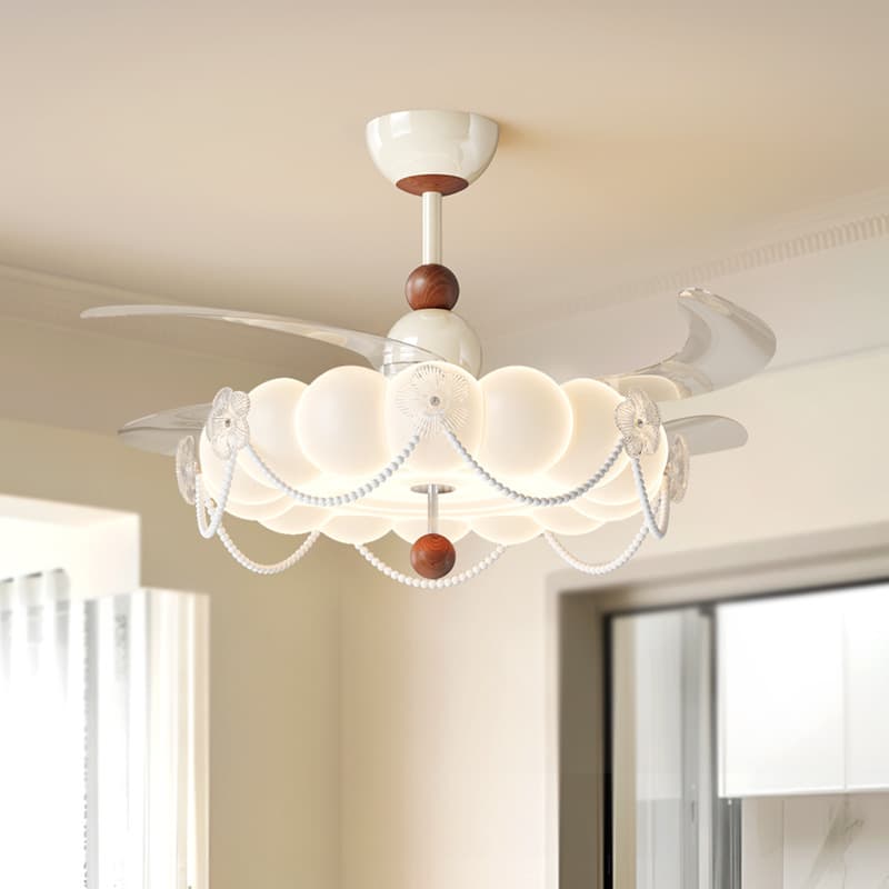 French Cream Style Bedroom Ceiling Light Creative Pearl Flower Chandelier Eye-Caring Children's Room Bubble Main Ceiling Fan Light