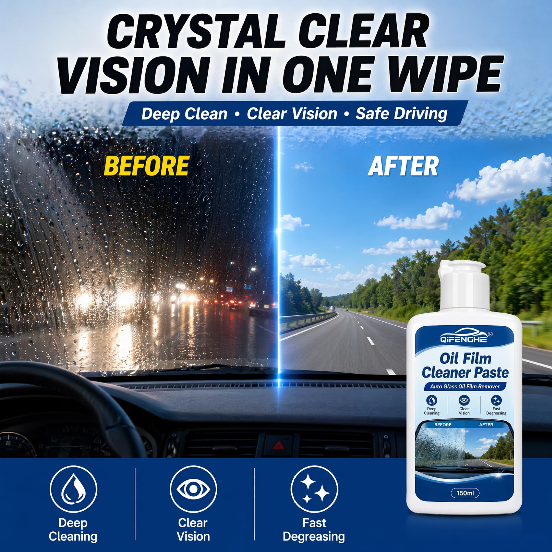 QIFENGHE car glass oil film cleaning paste 150ml oil film removal anti-fog defogger clear vision in rainy days