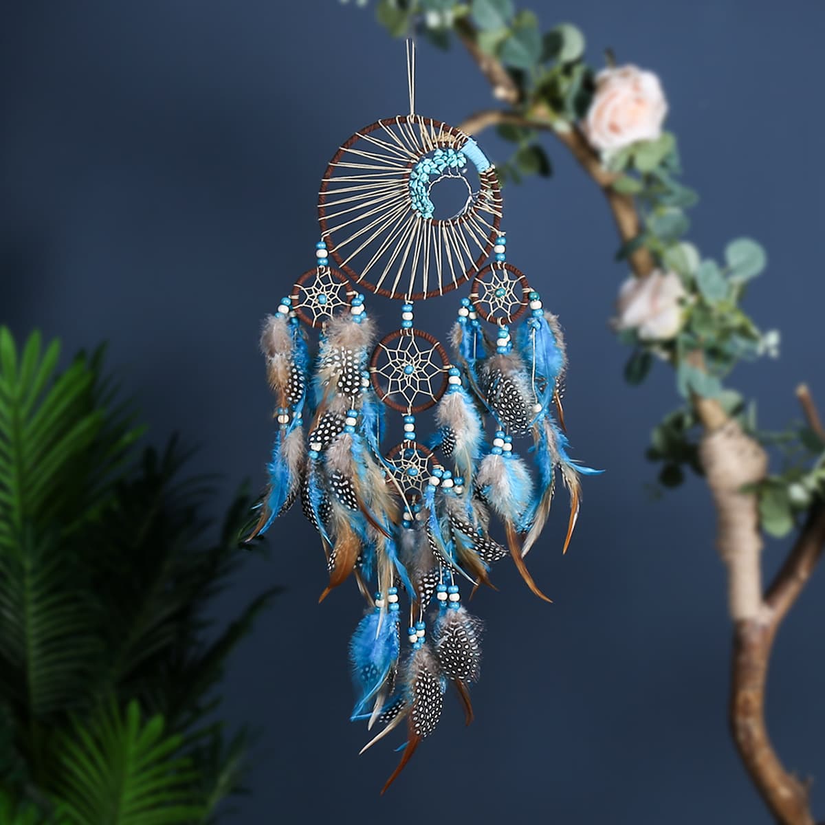 Cross-Border Hot-Selling Turquoise Five-Ring Dreamcatcher Hanging, Vintage Feather Wall Ornament Wind Chime, Wall Decor Dream Web