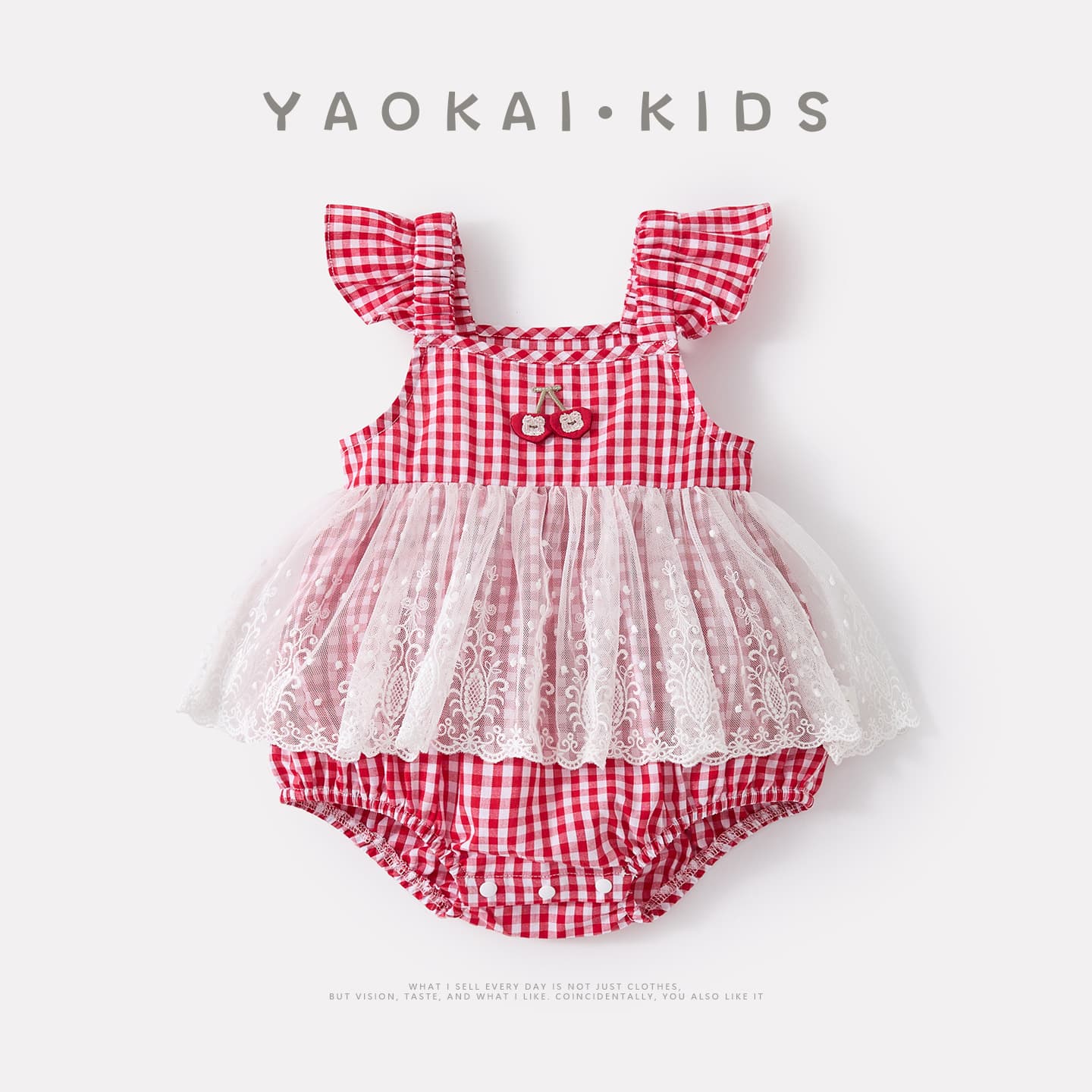 New summer style sweet plaid slings and flying sleeves for infants and young children. Girls' fashionable splicing polka-dot mesh jumpsuit.