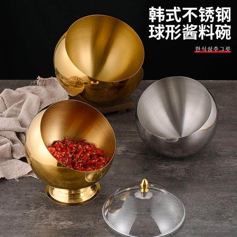 Stainless Steel Seasoning Jar, Commercial Slant Bowl, Spherical Sauce Bowl, Hot Pot Restaurant Buffet Seasoning Basin with Lid, Dipping Bowl