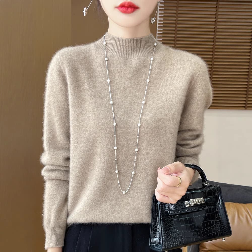 Seamless One-Piece Half Turtleneck 100% Wool Sweater for Women, Loose and Simple Fashion Knit Base Layer Top for Autumn and Winter