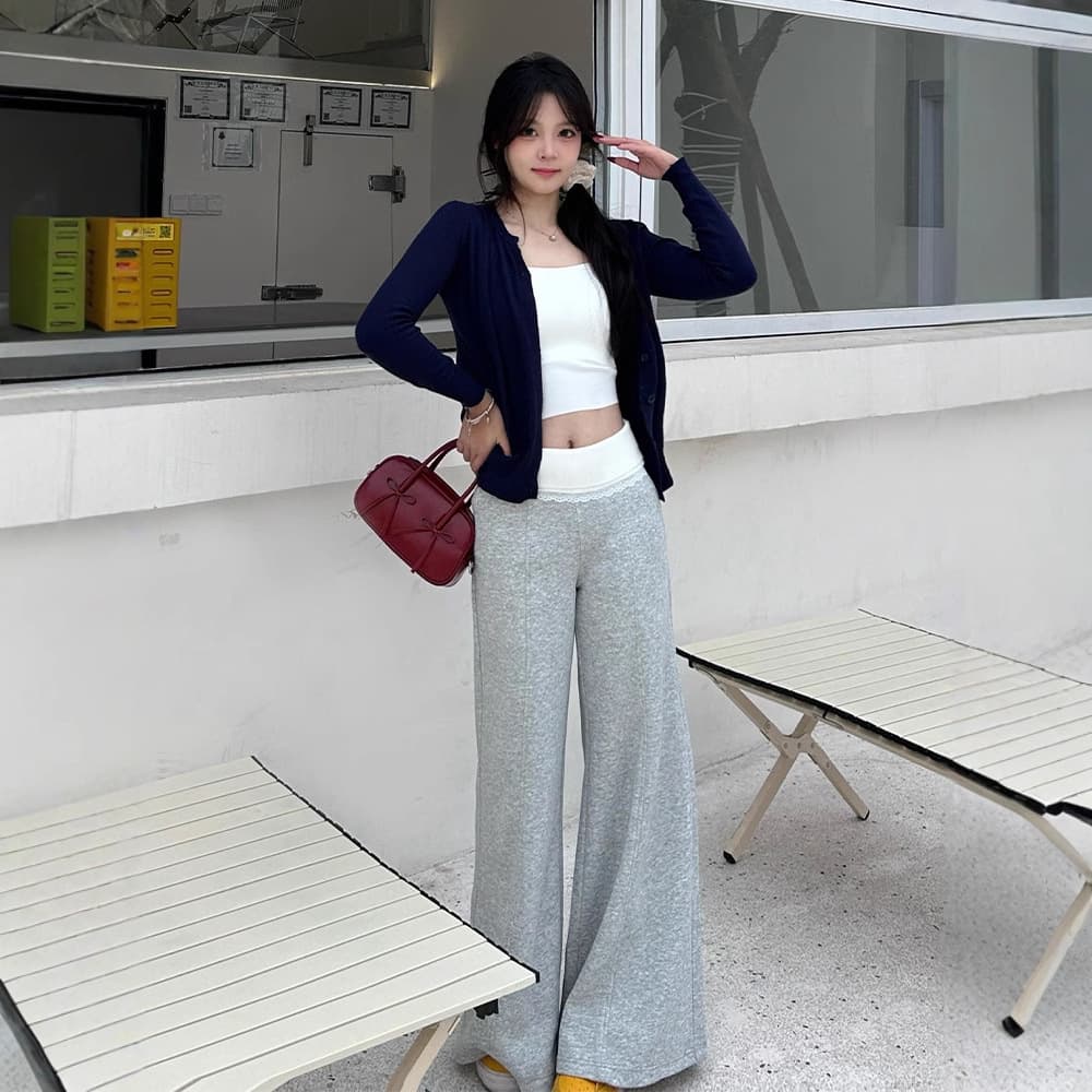 Stitched Lace High-Waist Loose Wide-Leg Pants for Women, Autumn/Winter Fleece-Lined Thickened Straight-Leg Slimming Floor-Length Casual Trousers