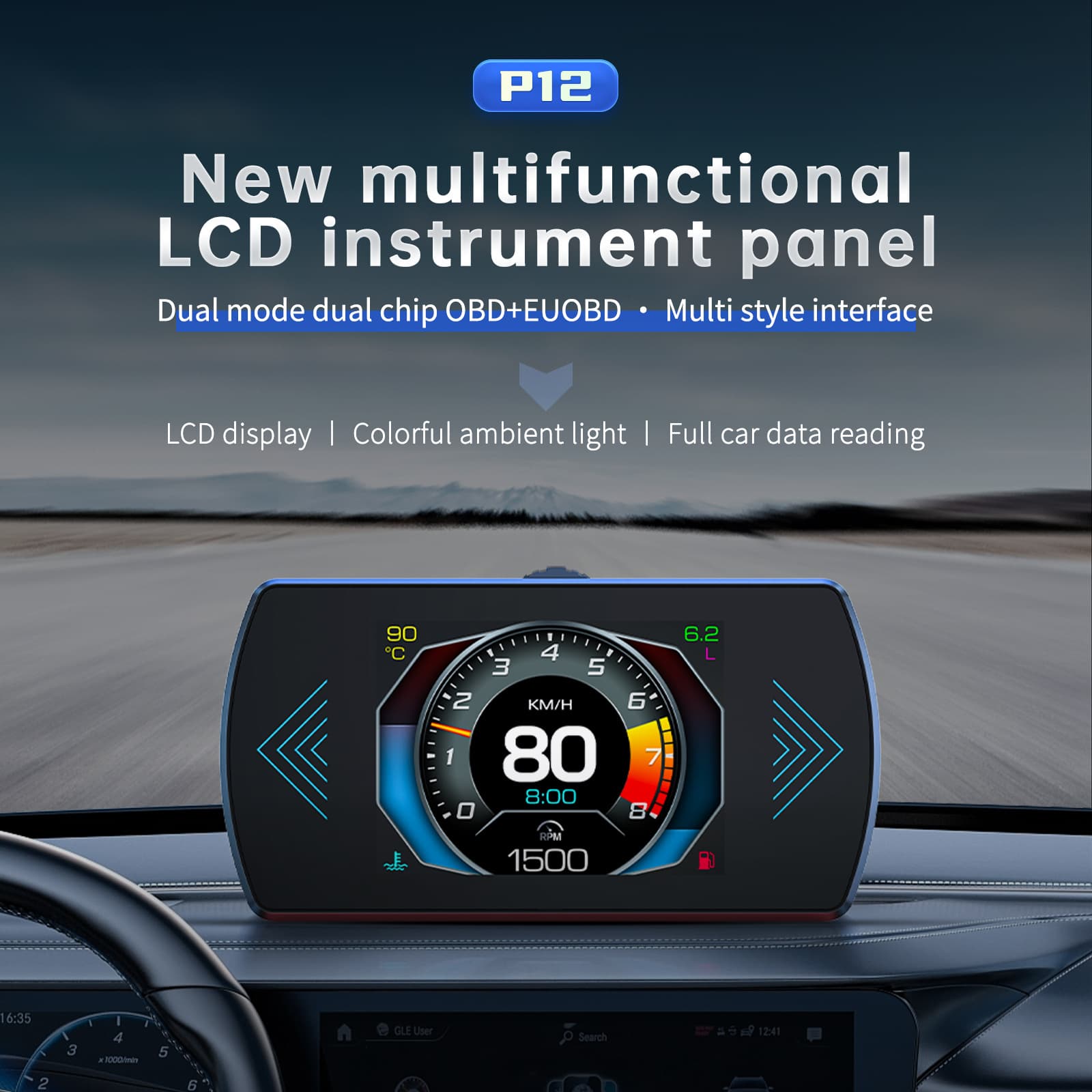 2025 P12 OBD2 Car Head Up Display Speedometer HUD