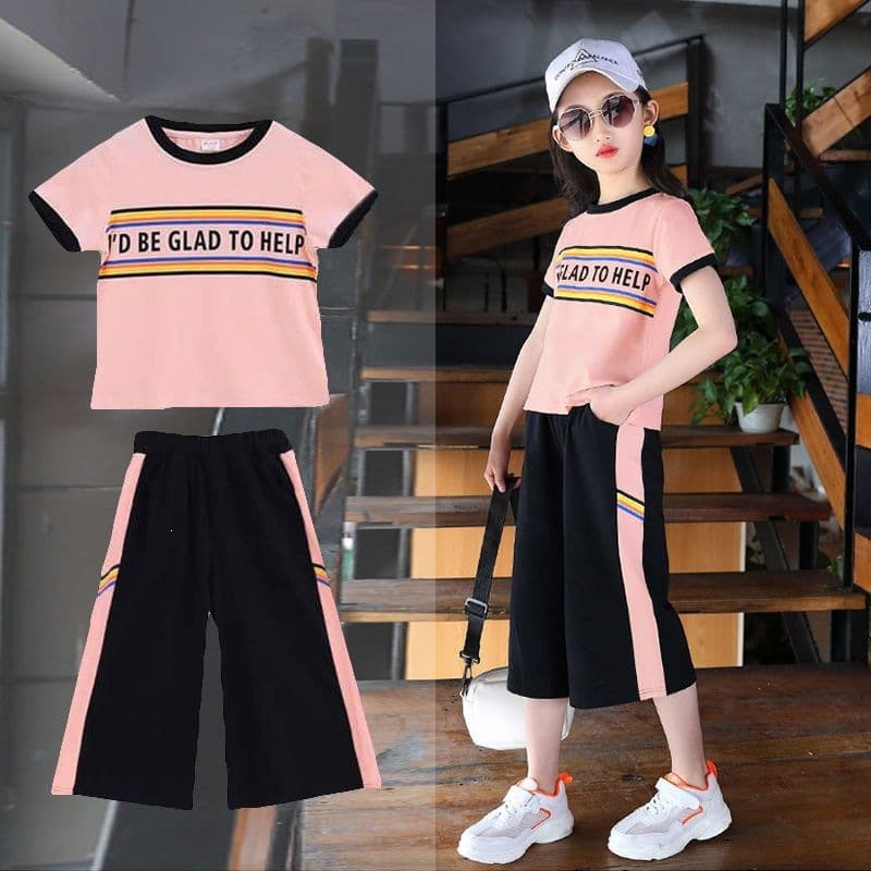 Girls' Summer Clothes 2025 New Suits 7 Ten 11 Older Children's Style 12-Year-Old Wide-Leg Pants 13 Girls' Short-Sleeved Clothes 9
