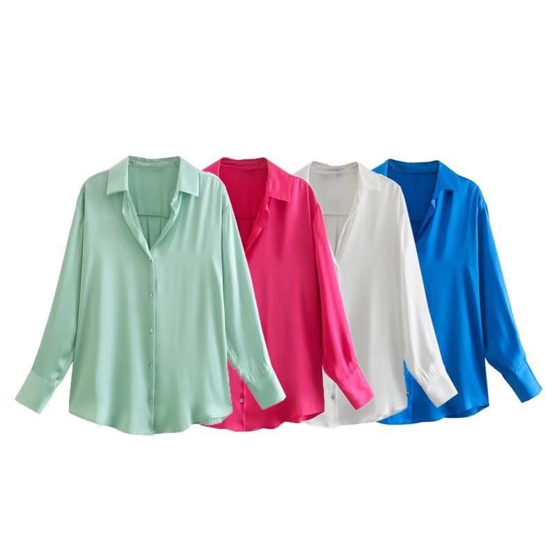 Large quantities in stock. . European and American wholesale 2022 spring 7-color silk satin women's shirt tops with temperament for commuting