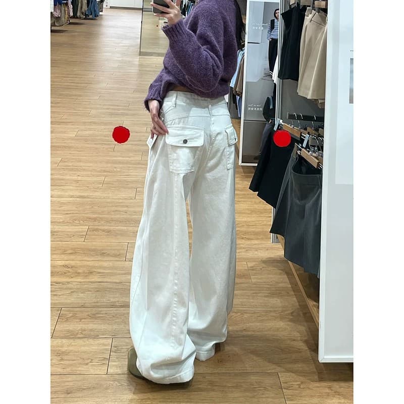 White Curved Jeans for Petite Women Summer Commute Designed High-Waist Loose Fit Curved Denim Pants