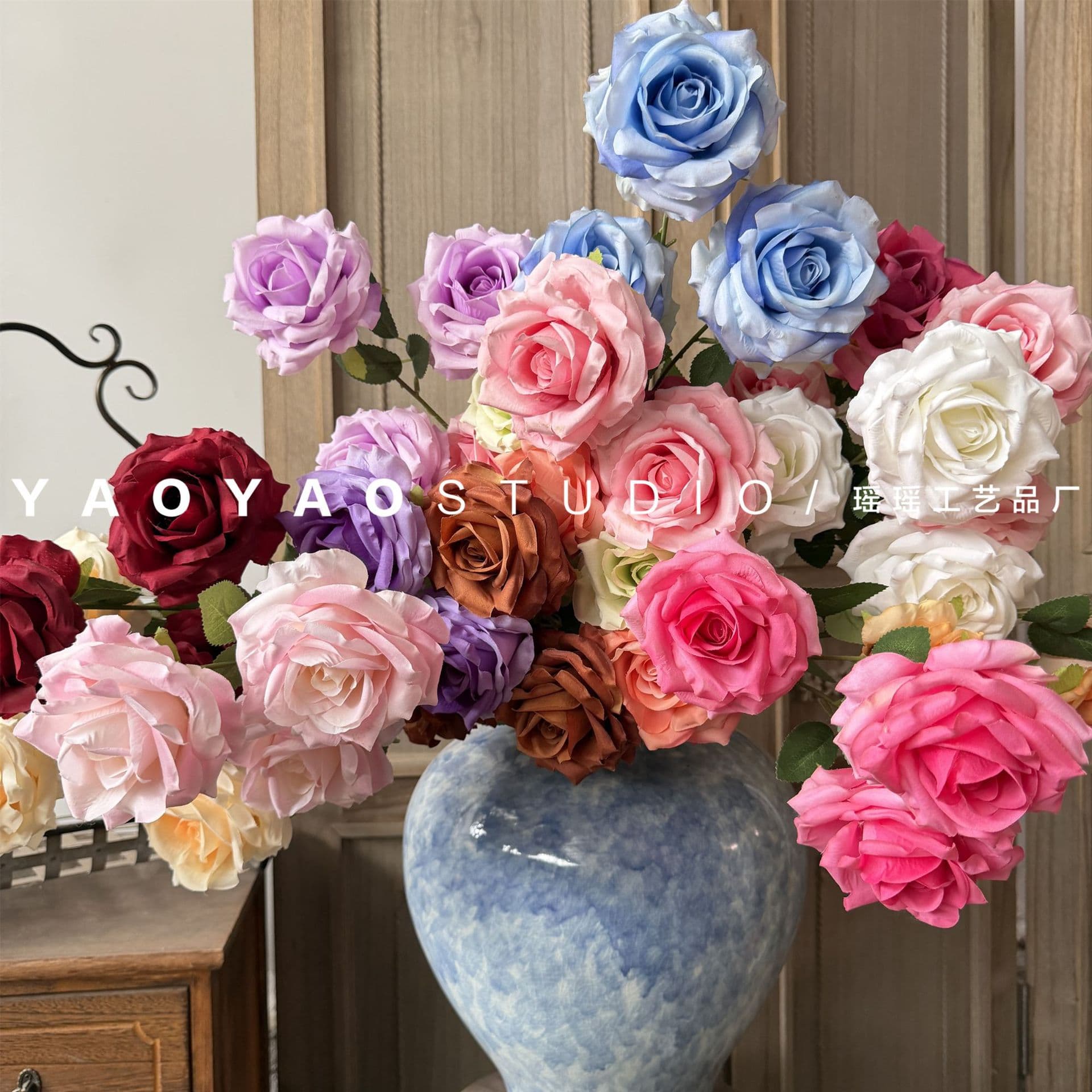 3-Head Peach Rose, Wedding Hall Flower Arrangement Outdoor Flower Wall Decoration Rose, Bouquet Matching Fake Flower
