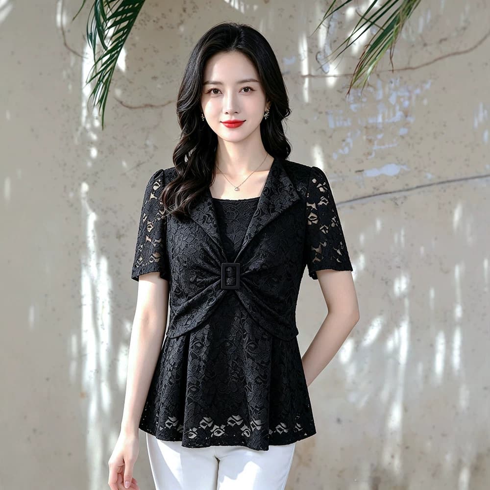 2026 Summer New Arrival Lace Design Slim Fit Short Sleeve Plus Size Shirt Top Casual Plus Size Women's Versatile