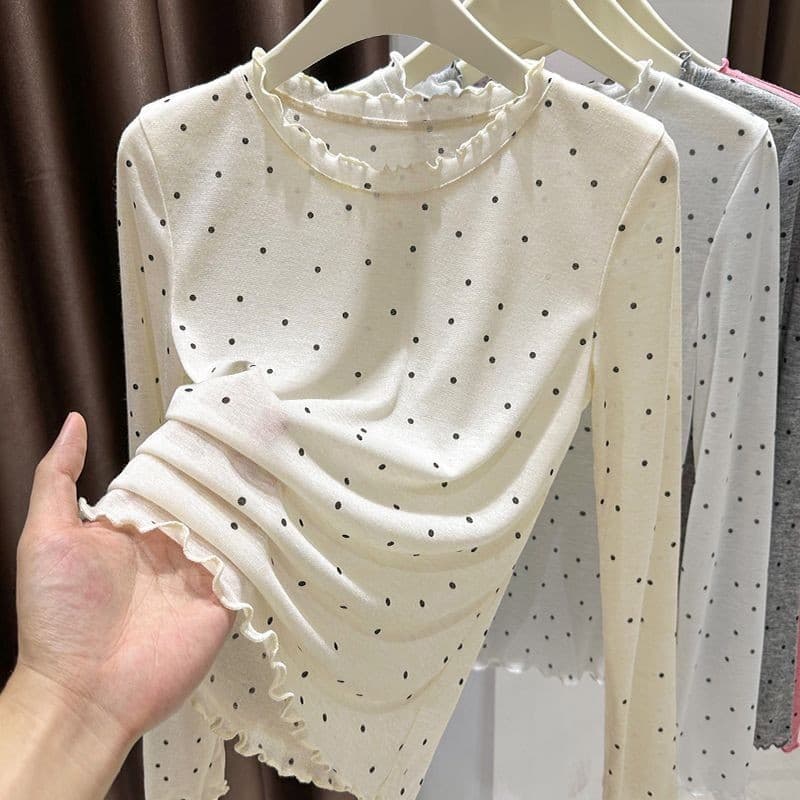 Long Sleeve Slim Fit Women's T-shirt Thin round Neck Polka Dot Base Shirt Inner Wear Summer Top Transparent Casual Fashion