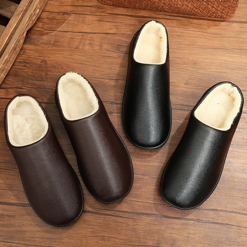 Winter New Style Home Men's Cotton Shoes, Anti-Slip Soft Sole Leather Surface Waterproof Men's Shoes, Indoor Warmth Plush Lined Comfortable Cotton Slippers