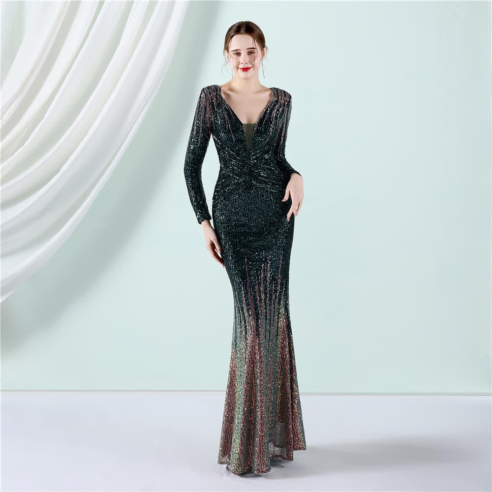 19037# Gradient Sequin Long Sleeve Evening Gown 2022 Spring/Summer New Fashion Long Sequin Dress Toast Dress