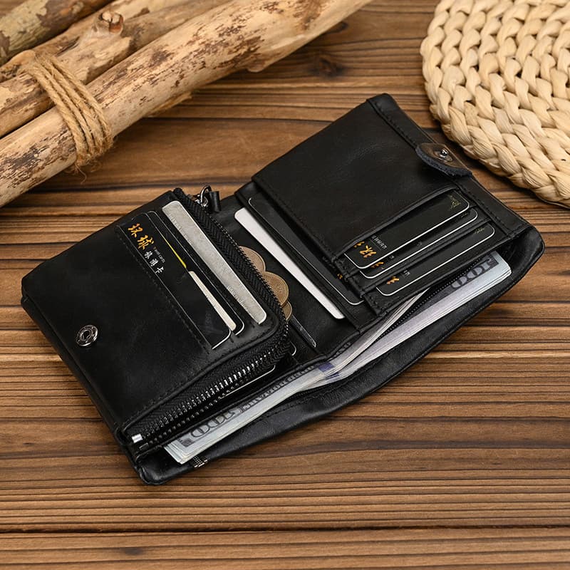 Genuine Leather Short Wallet with Coin Pocket, Black Oil Wax Men's Top Layer Cowhide Wallet, Bifold Trifold Multi Card Slot Card Holder for Women