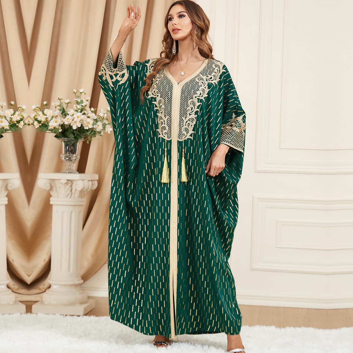 3461 Muslim Green Batwing Sleeve Collar Floral Patchwork Middle Eastern Popular Plus Size Tassel Slit Dress