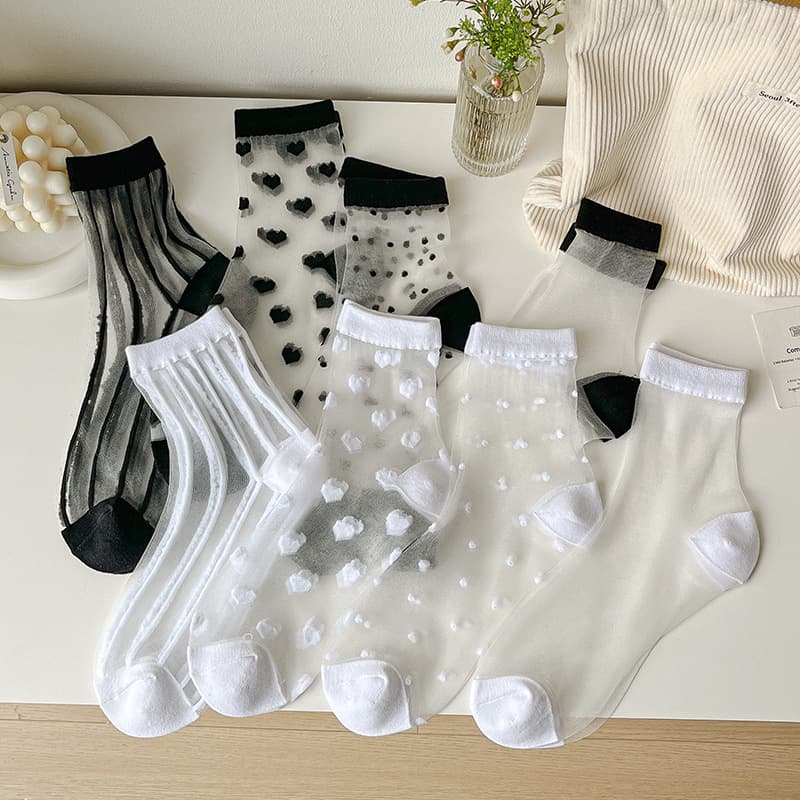 Glass Silk Crystal Silk Tube Socks Women's Summer Thin Black Wave Dot Socks Transparent Ice Silk Breathable Mesh Socks