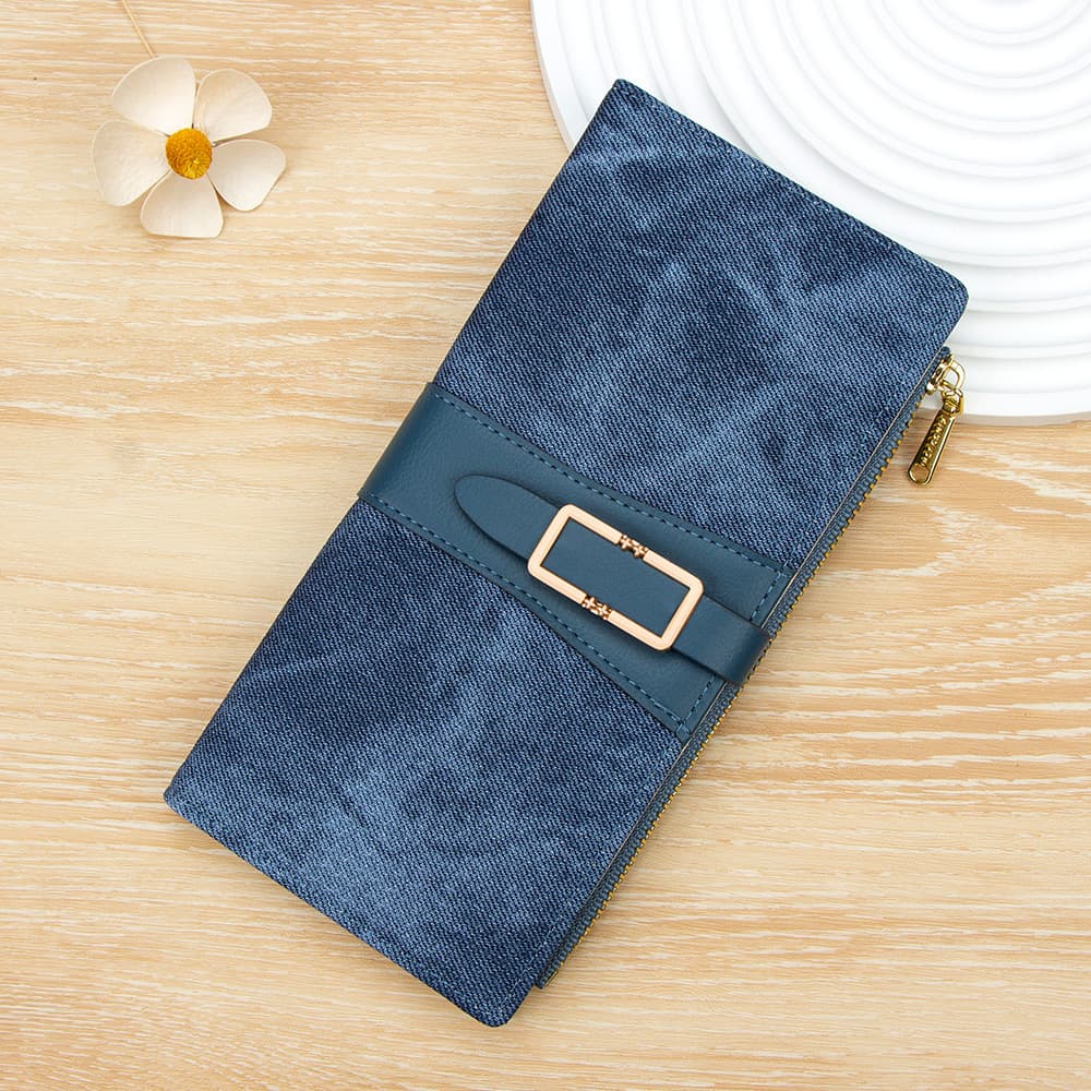 Korean Style Fashion Buckle Women's Long Wallet Denim Zipper Card Holder Coin Purse Clutch Wallet
