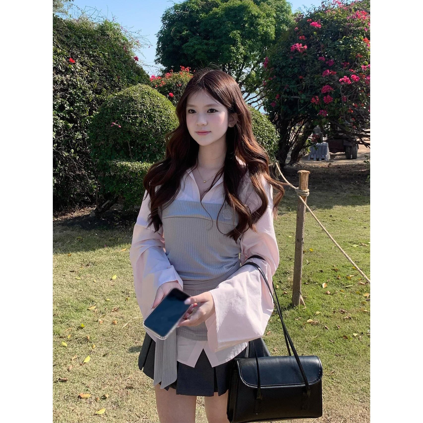 Pink Fake Two-Piece Shirt Pleated Skirt Set for Women 2026 Summer Korean Campus Style Long Sleeve Top Short Skirt Two-Piece Set