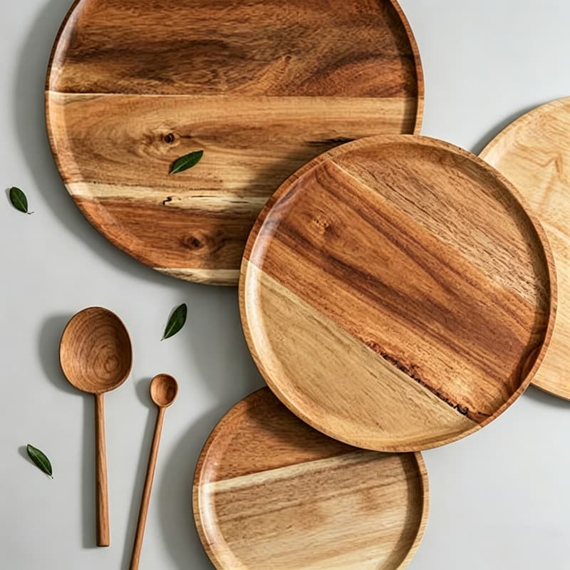Custom Acacia Wood Round Wooden Dinner Plate Pizza Board Japanese Tea Tray BBQ Snack Cake Wood Plate Sample Available