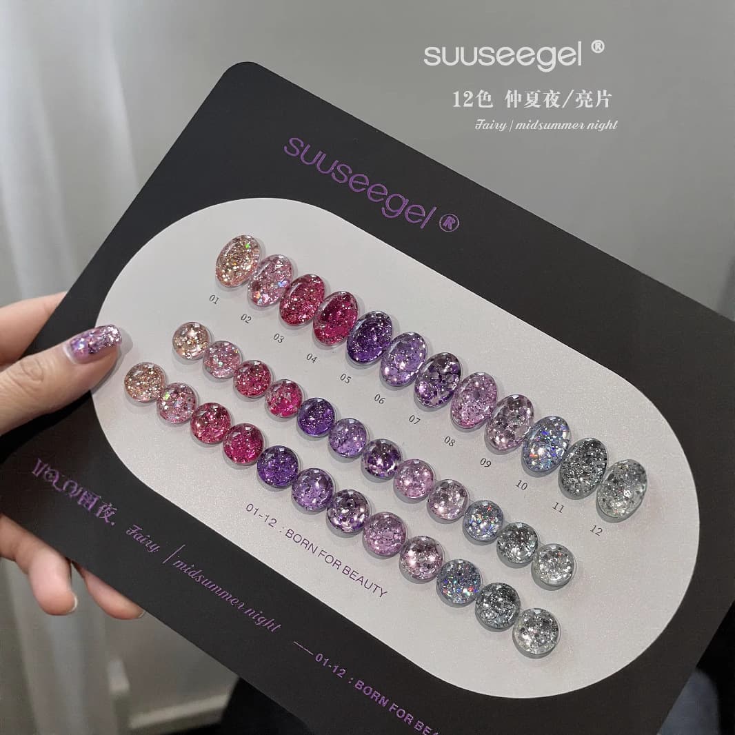 Bundle of 12 Colors Midsummer Night Sequin Gel Glitter Nail Polish Gel Glitter Nail Art Purple Sequin Nail Polish Gel for Nail Salon Use