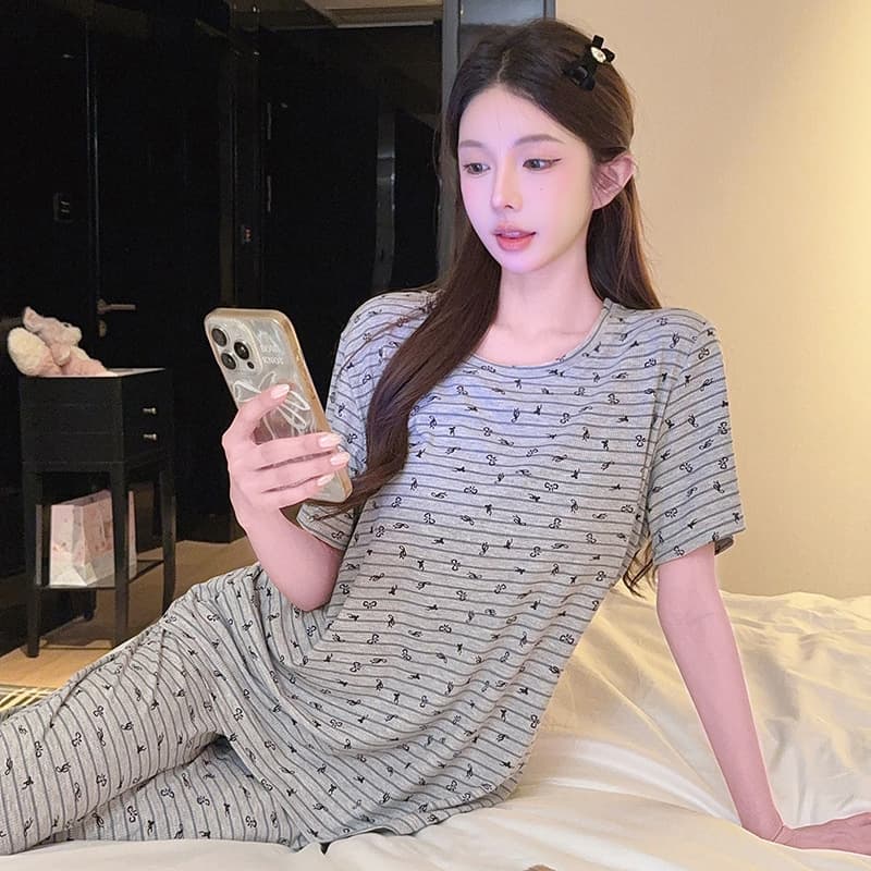 Omidah Korean-style Striped New Short-Sleeve Homewear Premium Modal Pajama Set for Women Summer Wear-Out Option