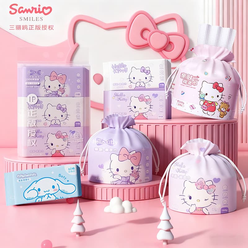 Officially licensed Sanrio pearl-patterned cotton wipes, Hello Kitty disposable face towels, cartoon Cinnamon dog soft wipes.