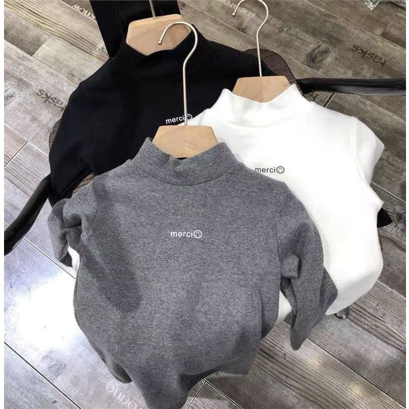 Children's brushed fleece-lined base layer T-shirt, German fleece, semi-high neck, long-sleeved T-shirt, boys' and girls' autumn and winter basic inner layer.