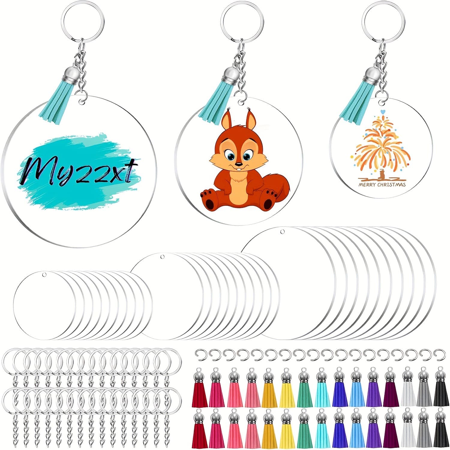 150PCS transparent blank acrylic keychain set including three sizes of round plate keychains with colorful tassels