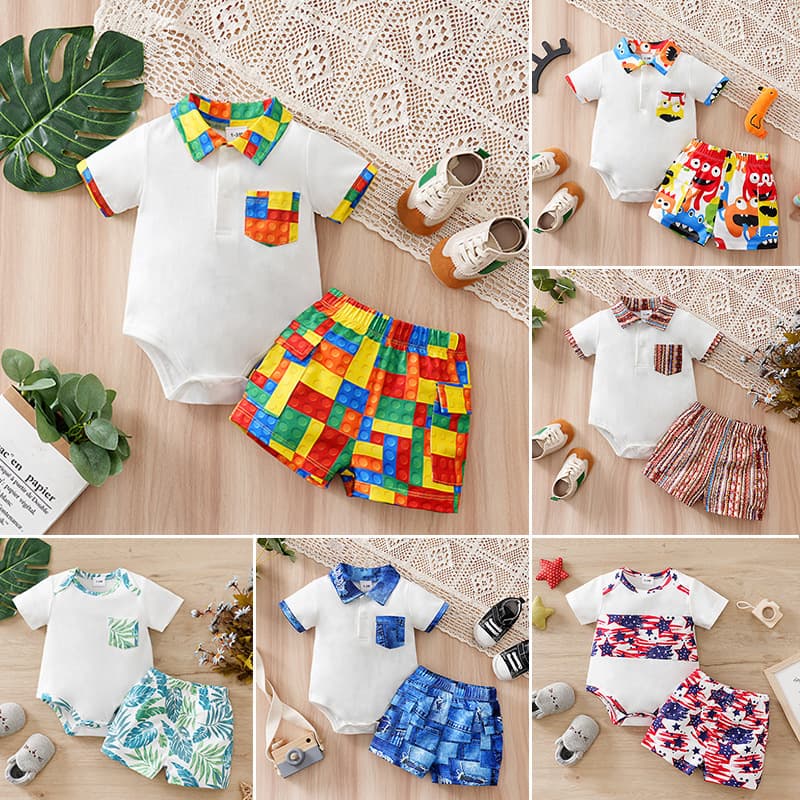 Korean style baby set summer category a girls short-sleeved cool breathable boy baby triangle crawling shorts two-piece set
