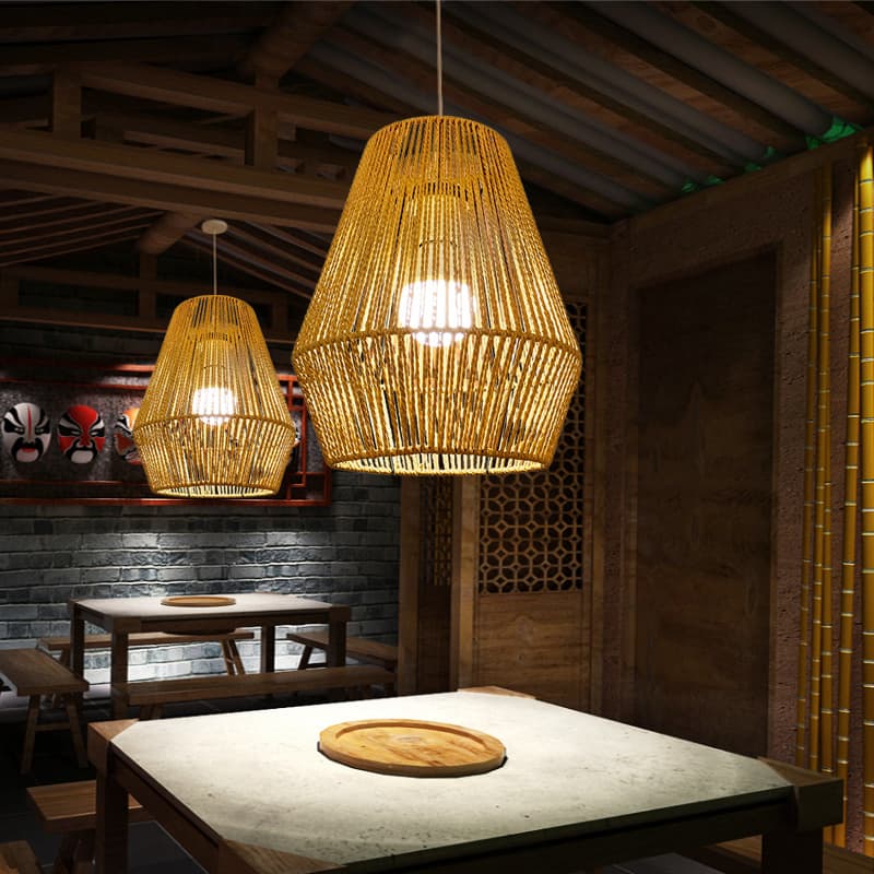 Chinese retro woven pendant light, bedroom clothing store living room café hot pot restaurant industrial style paper rope lighting wholesale.