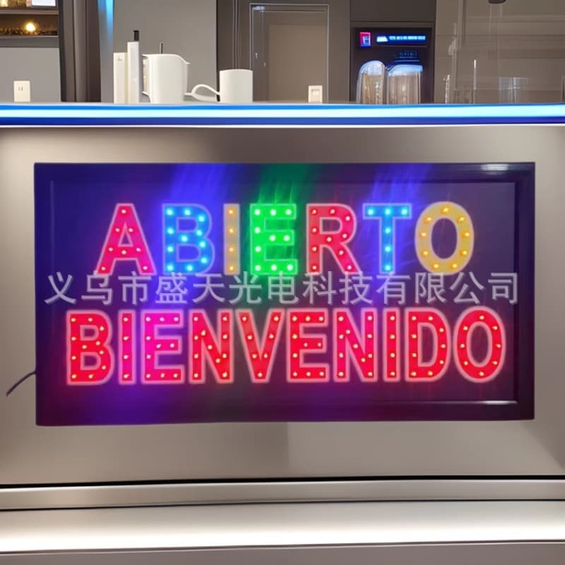 Spanish LED billboard, color photo print ABIERTO BIENVENIDO