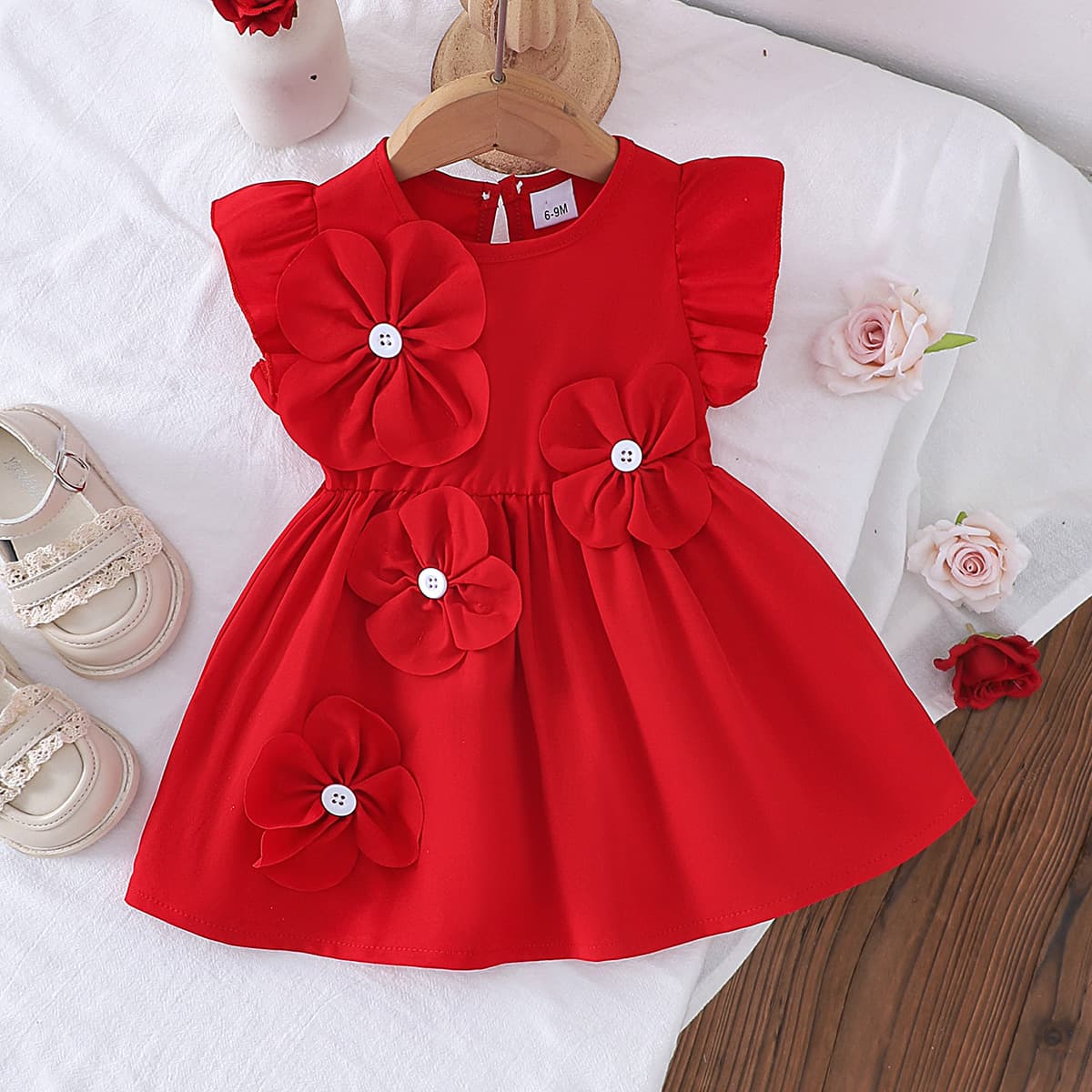 European and American Spring/Summer New Girls' Set, Floral Flutter Sleeve Solid Color Dress Set