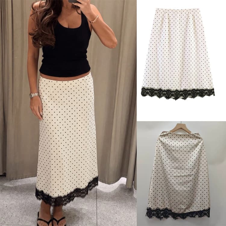 New Arrival Cross-Border Women's Fashion European and American Style Polka Dot Lace Patchwork Midi Skirt, Elegant Office Straight Skirt