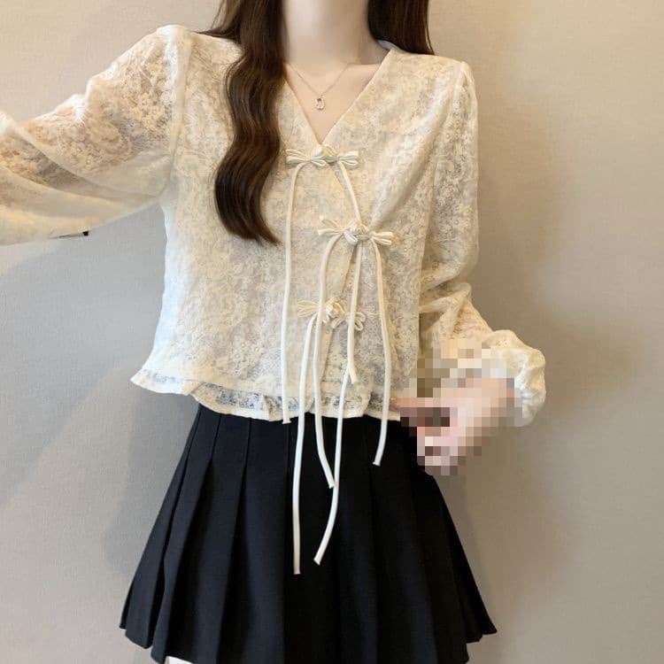 Chinese Style Button-Trim Lace Shirt Long-Sleeve Cardigan Women's Spring Autumn New Plus Size New Chinese Style Top New Arrival
