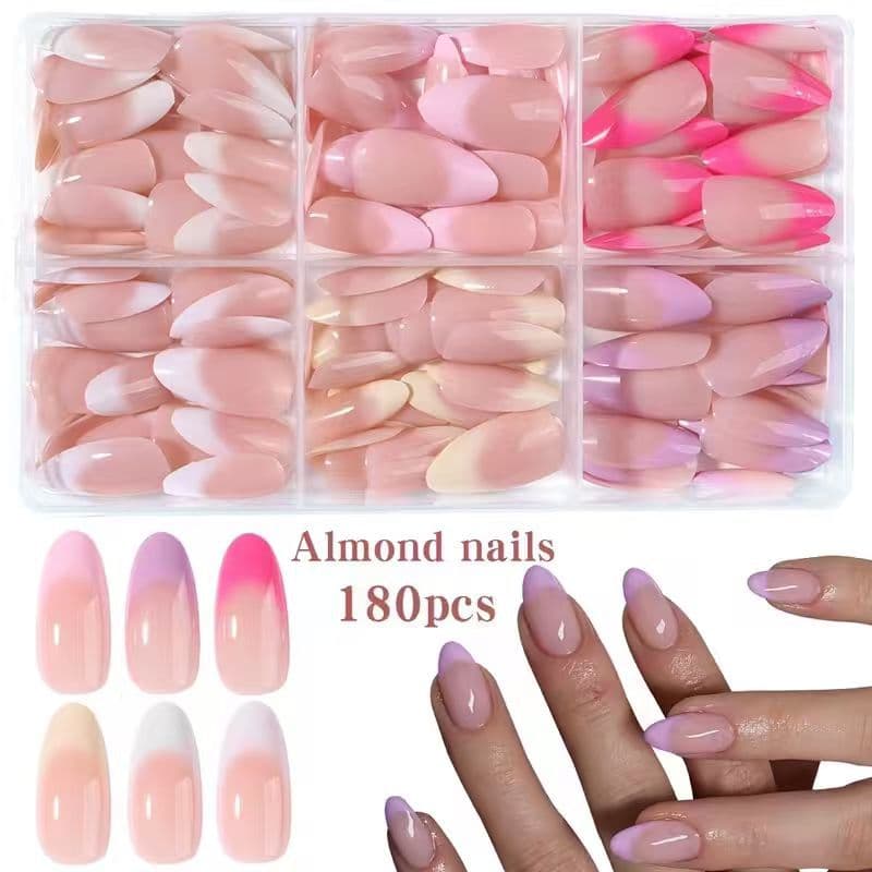 Cross-border 180pcs 6-color Boxed Almond Press-on Nails Nude Gradient Blush French False Nail Tips Source Factory