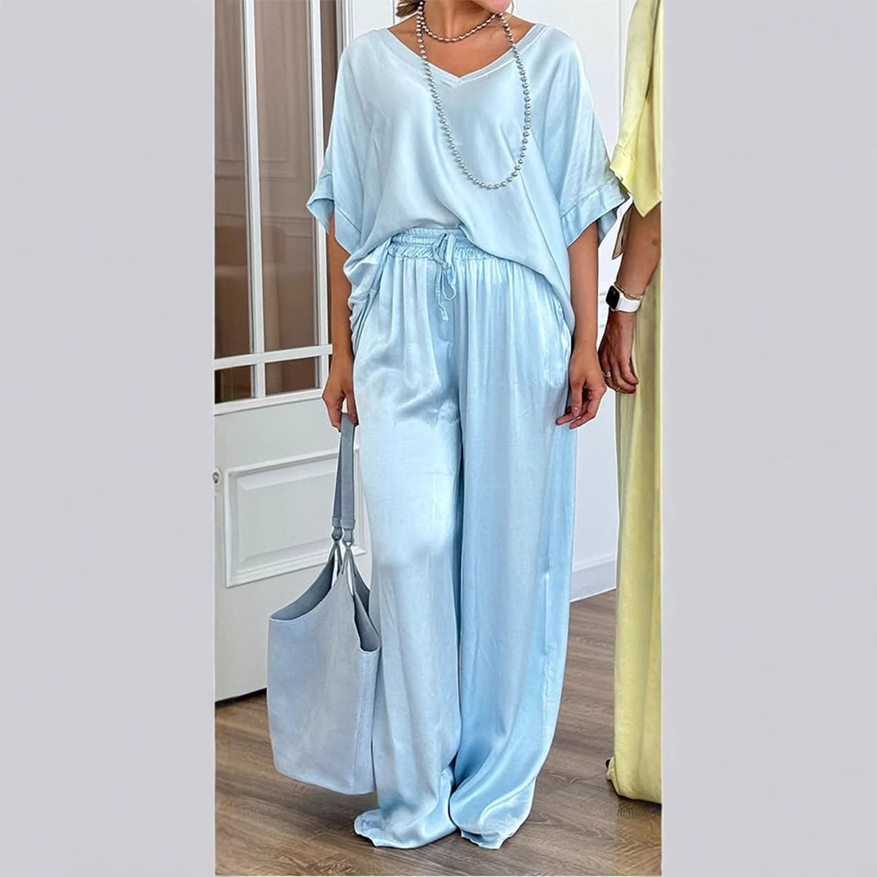 2025 V-Neck New Style Cross-Border Amazon AliExpress Independent Station Solid Color Casual Loose Wide-Leg Pants Set for Women