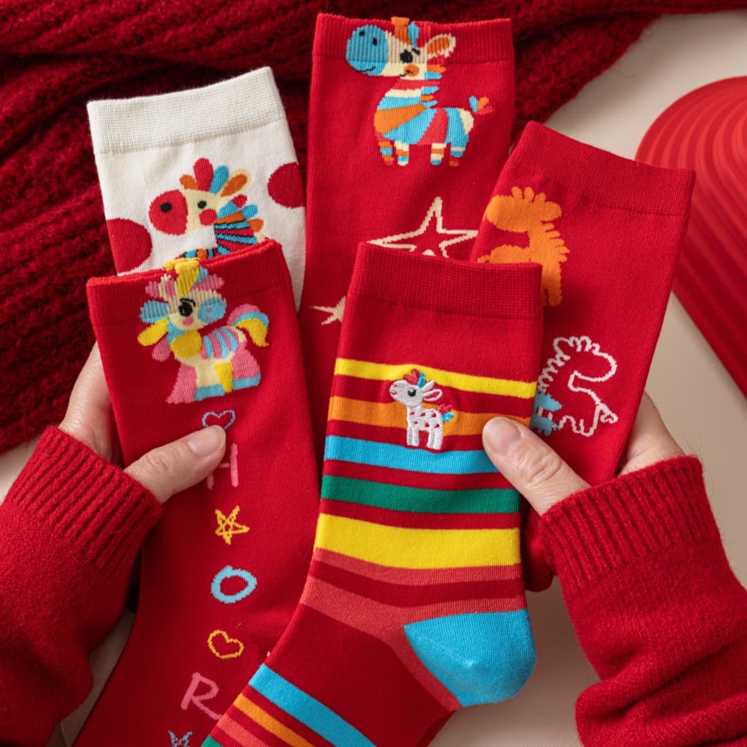 Boneless Rainbow Horse New Year Socks for Women, 2026, Embroidered Rainbow Horse Mid-Calf Socks, Lucky Style